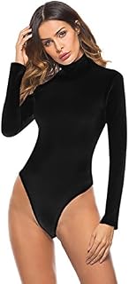 Queen.M Women's Basic Solid Bodysuit Turtleneck Leotard Top Long Sleeve Bodycon Jumpsuit Stretchy