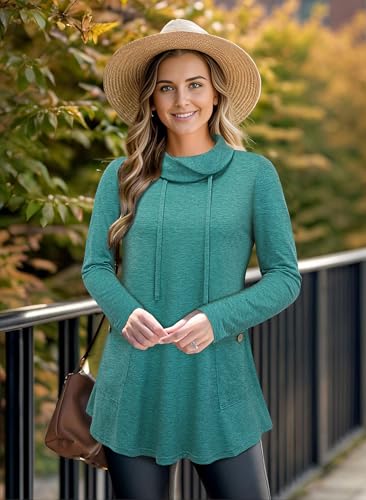 Bulotus Fall Sweaters for Women 2025 Cowl Neck Asymmetrical Long Tunics for Leggings Vacation Travel Tops with Pockets