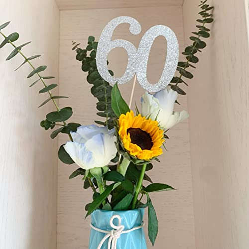 10-Pack Double Sided Glitter 60th Birthday Centerpiece Anniversary Centerpiece Sticks, Number 60 Table Topper Cake Topper for 60th Birthday Anniversary Table Party Decorations (silver)