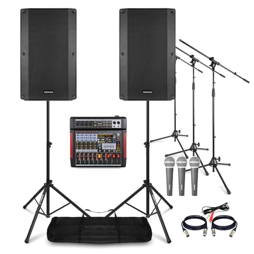 Band PA System Package with Vonyx VSA150S 15 inch Active/Passive Speakers, 6-Channel Mixer, Microphones and Stands, Live Band and Vocalist Sound System Setup