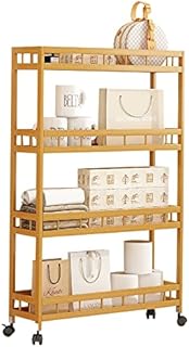 TIE-DailyNec 4-Tier Bamboo Kitchen Island Cart on Wheels Wood Trolley Cart, TIE-DailyNec Multi-Layer Rolling Utility Cart Movable Storage Shelf Rack (60 X18 X96cm)
