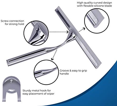 ZEEX Stainless Steel Window Squeegee Shower Cleaner - Chrome Window & Shower Screen Wiper with Suction Cup Hook Holder For Cleaning Window Glass Tabletop Windshields Kitchen Mirror