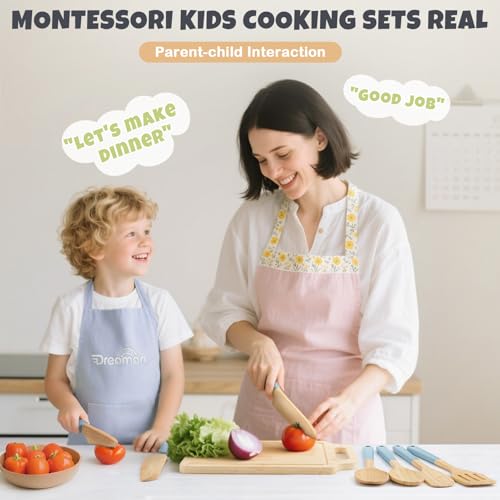 29 PCS Wooden Kids Cooking Set, Toddler Montessori Cooking & Baking Kitchen Tools for Real Cooking, 3 Knifes, Real Cutting Board, Apron, Kid Safe Kitchen Utensils for 3+ Year Old Boys Girls Gift by Dreamon - Image 6