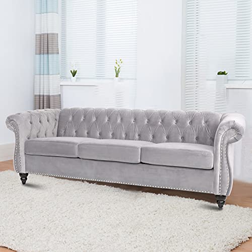 Nosga Modern Chesterfield Fabric 3 Seater Couch Furniture, Deep Button Tufted Chesterfield Velvet Sofa With Scroll Arms, Upholstery Nailhead Trim Sofa Couches For Living Room(Grey) #TOP6