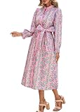 Women Floral Midi Dress Long Sleeve Button Down Shirt Dress with Belt Pink