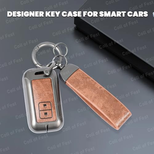 Image of Premium Metal PU Leather Car Key Cover Compatible with Maruti Suzuki jimny Baleno Grand Vitara XL6 Swift New Brezza 2022 Ertiga Dzire 2 Button Flip Smart Key Metal Enclosure with Keychain
