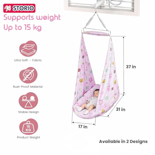 Image of Storio Baby Window Swing for Newborn (0-12 Months) | Hanging Baby Jhula with Mosquito Net, Spring & Metal Window Hanger | Polycotton Palna Thottil | Indoor Window Cradle Sleeping Set - Pink