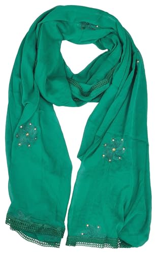 Image of YOUTHQUAKE Flower Embroidered Diamond Work Chiffon Dupatta for Womens & Girls With 4 Side Lace