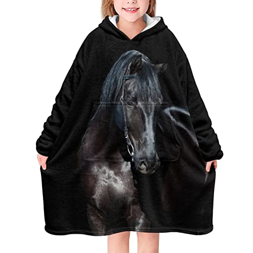 chaqlin Black Horse Kids Hoodie Blanket with Pockets,Blanket Sweatshirt Hoodie Girls Wearable Blanket Hoodie Oversized Hooded Sweater Flannel Dressing Gown One Size for Boys Girls11