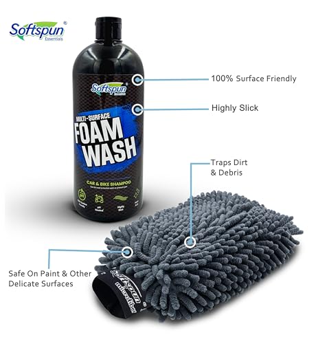 Image of SOFTSPUN Essentials 1Ltr Car & Bike pH Neutral Premium Liquid Shampoo+1700gsm 1pc Double Side Glove Grey Combo | Extra Suds, Removes Tough Dirt & Grime | Works with Bucket & Foam Cannon