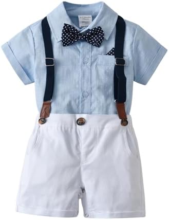 Boarnseorl Baby Boys Gentleman Shorts Sets, Infant Outfits Suits, Shirt+Shorts+Bow Tie+Suspenders,3-6M