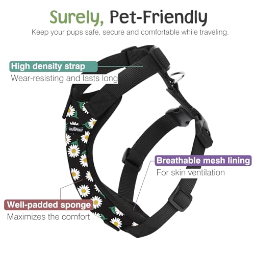 VavoPaw Dog Seat Belt, Safety Vest Dog Car Harness with Adjustable Buckle Dog Seat Belt for Vehicle Nylon Pet Safety Seat Belts Heavy Duty(L, Black Daisy) - Thumbnail 2