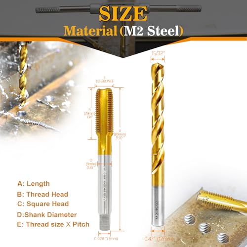 Image of 1 /2 inch-28 UNEF Tap and 15 /32 inch Drill Bit Kit, M2 HSS Drill and Tap Set, Combination of Drill and Tap Kit for Metal