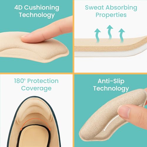 Image of Walkize Anti Slip Heel Pads for Shoes Women & Men - Cushioned Heel Grips - Shoe Inserts for Women - Blister Prevention, Heel Pain Relief & Comfort in High Heels, Dress Shoes (2 Pairs, Black & Beige)