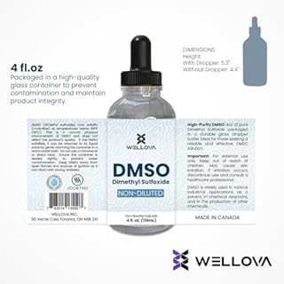 Wellova DMSO 99.9% Pharmaceutical Grade with 99.9% Purity & Low Odor - 4oz (Dimethyl Sulfoxide) Clear Glass Bottle with Dropper