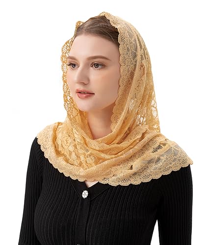 PAMOR Veils for Church Catholic Triangluar Scarf Embroidered Chapel Veil Head Covering Latin Mass Mantilla (Gold) - Thumbnail 4
