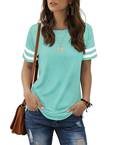 Image of Aokosor Womens T Shirts Striped Sleeve Summer Tops Ladies Side Split Casual Tee Lake Green Size 10-12