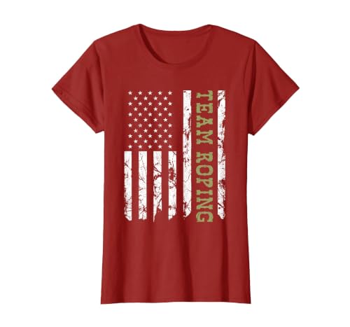 Team Roping Rodeo Vintage American Flag, 4th of July Cowboy T-Shirt, Women, Cranberry Red, 3X-Large