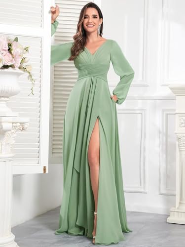 Chiffon Long Sleeve Bridesmaid Dresses with Pockets Long Pleated V Neck Formal Evening Gown for Women3