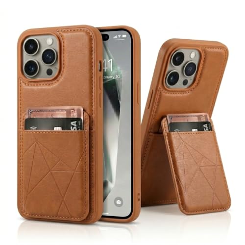 Image of amazon basics Premium Vegan Leather Back Cover with Card Holder and Integrated Mobile Stand for iPhone 16 Pro - Slim Shockproof Wallet Case with Geometric Stitching [Tan]