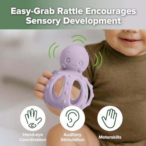 Image of haakaa Octopus Rattle Teether,2-in-1 Baby Teething Toy with Gentle Rattle,Soft Textured Teether for Sore Gums,Easy to Grasp Sensory Toy for Babies 3M+,Lavender