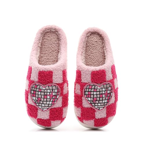 Heart Pattern House Slippers for Women Warm Faux Fur Classic Plaid Slippers Anti-skid Indoor Outdoor Checkered Shoes with Memory Foam2