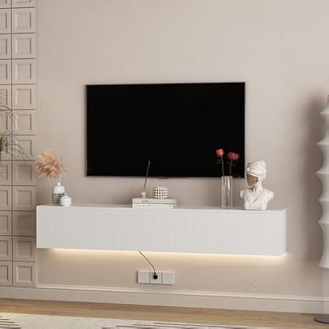 Videvik Floating TV Stand Wall Mounted with Led Lights, Modern Floating Entertainment Center, 69" Large Storage Media Console Wall Unit for Living Room Bedroom, White Cover