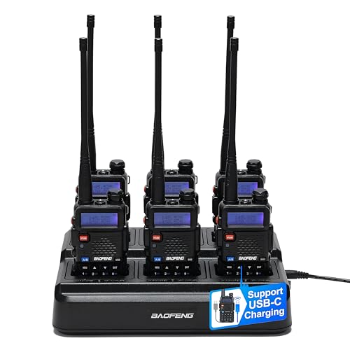 Image of Baofeng UV-5R Dual Band Two Way Radio Rechargeable Ham Radio USB C Charging | UV5R 6-Way Charger, Handheld Long Range Walkie Talkies 6 Pack for Team Management Church Warehouse Hiking Hunting Trip Black
