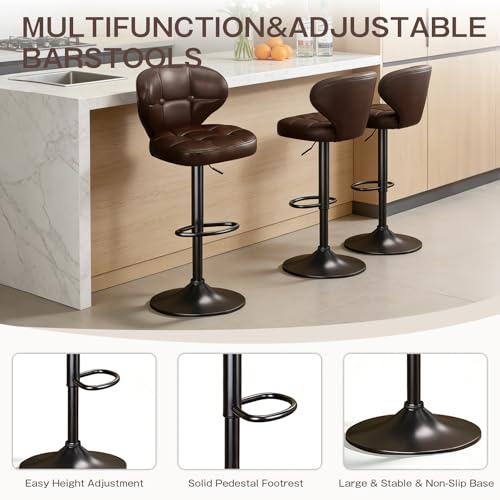 Image of Modern Bar Stools Set of 2, Adjustable Swivel Upholstered Full-Back Counter Height Bar Chairs for Kitchen Island, Dining Room, Bar Brown