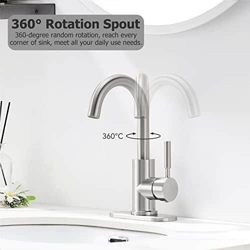 Bathroom Sink Faucet,Single-Handle Bathroom Faucet With 4 Inch Deck Plate And Metal Drain By Phiestina, Fit For 1-3 Hole Installation, 360 Degree Rotation Spout, Brushed Nickel, We08E-Bn #TOP2