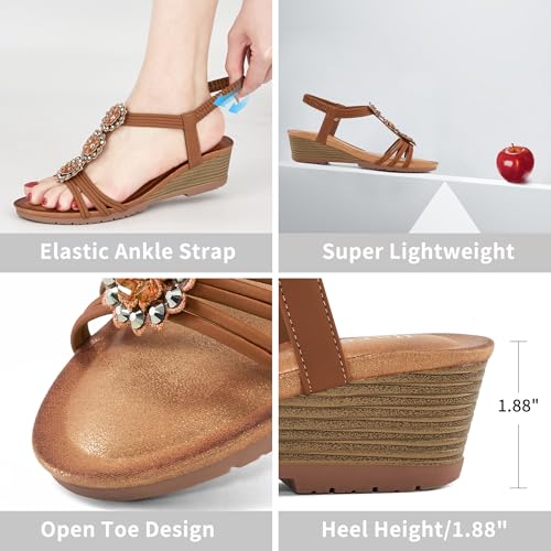 Image of HARENCE Wedge Sandals for Women Dressy: Comfortable Elastic Ankle Strap Low Heel Open Toe Flower Summer Shoes