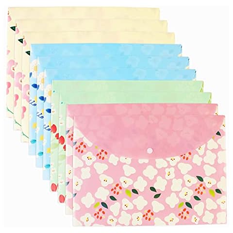 10 pcs 2 Style Floral Printed A4 Paper Document File Folder Poly Envelopes Document Organizer Booklet File Paper Folders with Snap Button 6 Color (6 Color, A4) Cover