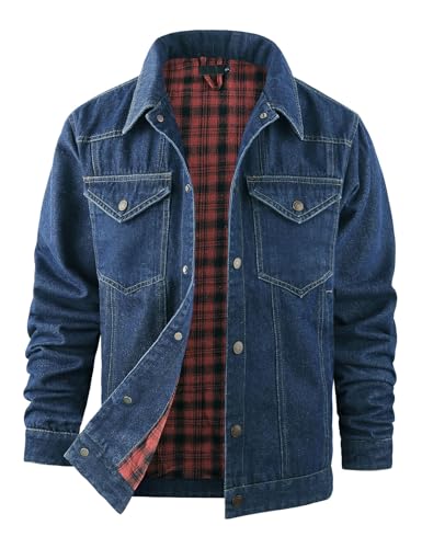 Flygo Mens Flannel Lined Denim Jacket Snap Cowboy Cut Western Classic Slim Fit Vintage Heavy Duty Jacket Trucker Coat(NavyBlue-XL)