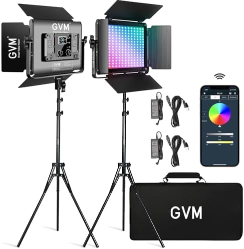 GVM Great Video Maker GVM RGB LED Video Light with Bluetooth Control, 60W Photography Studio Lighting Kit with Stands, 2-Packs 880RS Dimmable Led Panel Light for YouTube, Streaming, Gaming, 8 Applicab