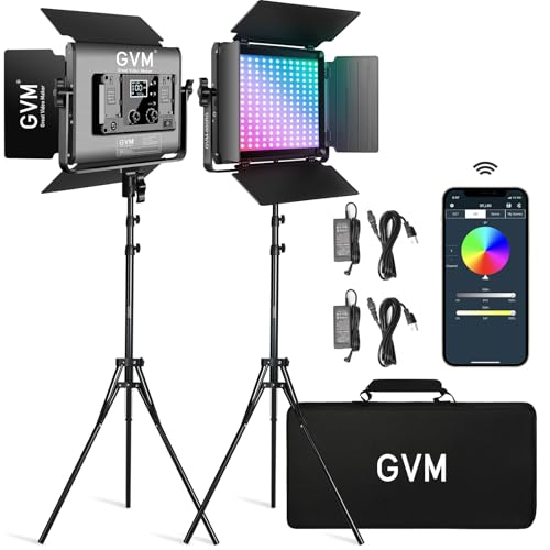 GVM RGB LED lampa wideo ze statywem, 60 W LED Photography Continuous Light, zestaw sterowania za pomocą aplikacji 360°, pełnokolorowe światło wideo 3200 K-5600 K, oświetlenie studyjne, oświetlenie
