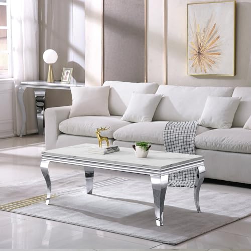 Image of Luxury Marble Coffee Table, Premium White Faux Marble Top, Silver Stainless Steel S Legs, 47 inch Rectangular Living Room Center Table, Modern Coffee Tables for Living Room, Apartment, Home Decor
