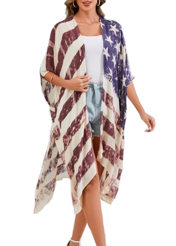 Women's American Flag Beachwear cover up Cardigan Loose Tops Shirt (Flag2, One Size)