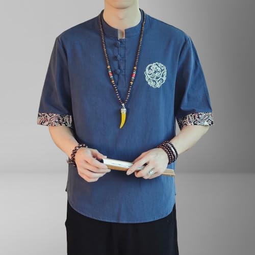 Camisa transpirable de lino contra el calor con cuello alto tradicional 5