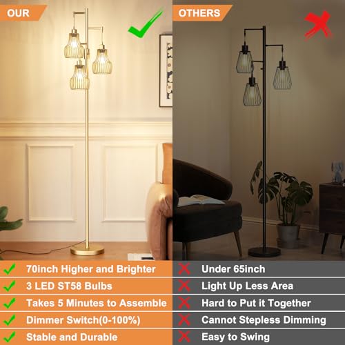 Ziisee Dimmable Gold Floor Lamps for Living Room, 70" Farmhouse Tree Standing Tall Lamps with 3 Elegant Cage Shade & 800 Lumens LED Bulbs for Bedroom Office by Ziisee - Used condition - Image 2