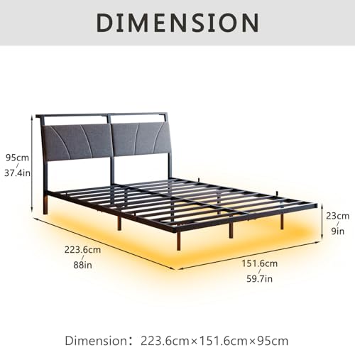 HOJINLINERO Bettgestell 140x200cm Bett mit LED Ladestation & Beleuchtung,Metallbett 140x200 mit Stauraum,Bettrahmen mit Lattenrost,Schwebender visueller Effekt