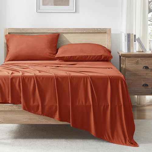 Image of Andency Orange King Sheets Set 100% Viscose Derived from Bamboo | Cooling Summer Sheets, Deep Pocket Up to 16 inch, Silky Soft Hotel Luxury Breathable Bedding Sheets & Pillowcases