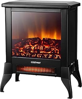 COSTWAY 2000w Electric Fireplace Stove Heater, 1/3-Side View Freestanding Electric Wood Burner with Fire Flame Effect, Adjustable Thermostat & Overheat Protection (14 inch, 1-side view)