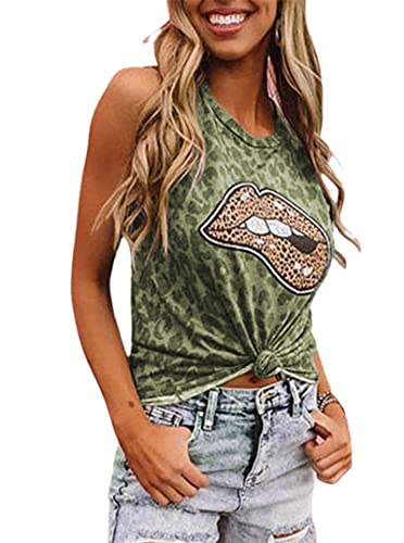 Avanova Women's Sleeveless Graphic Tees Leopard Lip Printed Casual Summer Tank Tops Leopard Green Small #TOP2