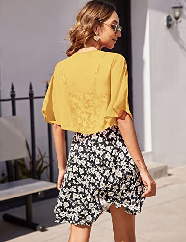 Soteer Women's Short Sleeve Sheer Shrug Open Front Bolero Cardigan Summer Chiffon Blouse,Natural Gold L #TOP3