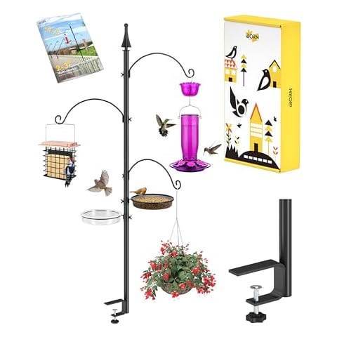 iBorn Shepherds Hooks for Outdoor Clamp On Deck Hook for 45“ Bird Feeder Hangers for Deck Railing Humming Bird Feeders Hanging Tri-Hooks+Feeder Trays 2024 Upgraded (Feeders are Not Included) Cover