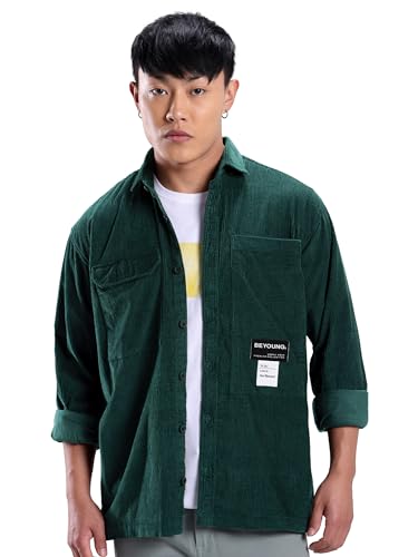 Image of Beyoung Bottle Green Box Corduroy Urban Shirt for Men
