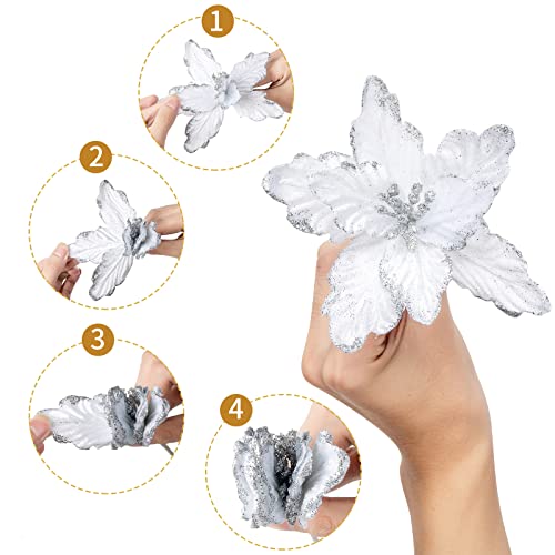 Duhouse 7Pcs Poinsettia Flowers Picks Artificial Glitter Poinsettia Flowers With Stems Christmas Tree Ornaments With Stems For Home Kitchen Decorations(White) #TOP2