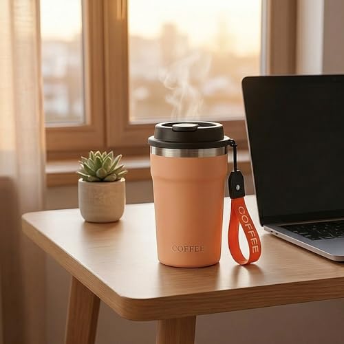 Image of Travel Coffee Tumbler with Lanyard - Insulated Stainless Steel Mug, Leak-Proof, Keeps Hot 6H & Cold 8H - Peach, 400 ML