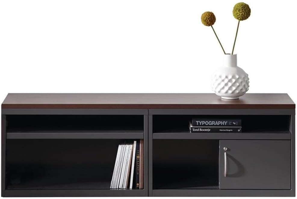 BOWERY HILL 36-Inch Wide Metal Credenza, Sliding Door Charcoal Finish, Durable Steel Construction, Adjustable Leveling Glides, Concealed & Open Storage, Office Filing Cabinet for Workspace