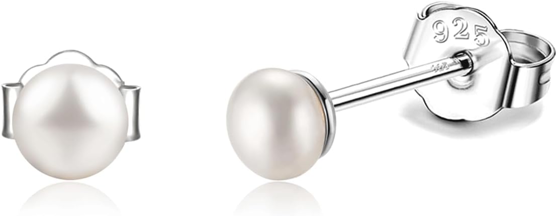 Pearl Stud Earrings Sterling Silver Small Tiny 3-5mm White Freshwater Pearl Earrings Studs Silver/Gold for Women